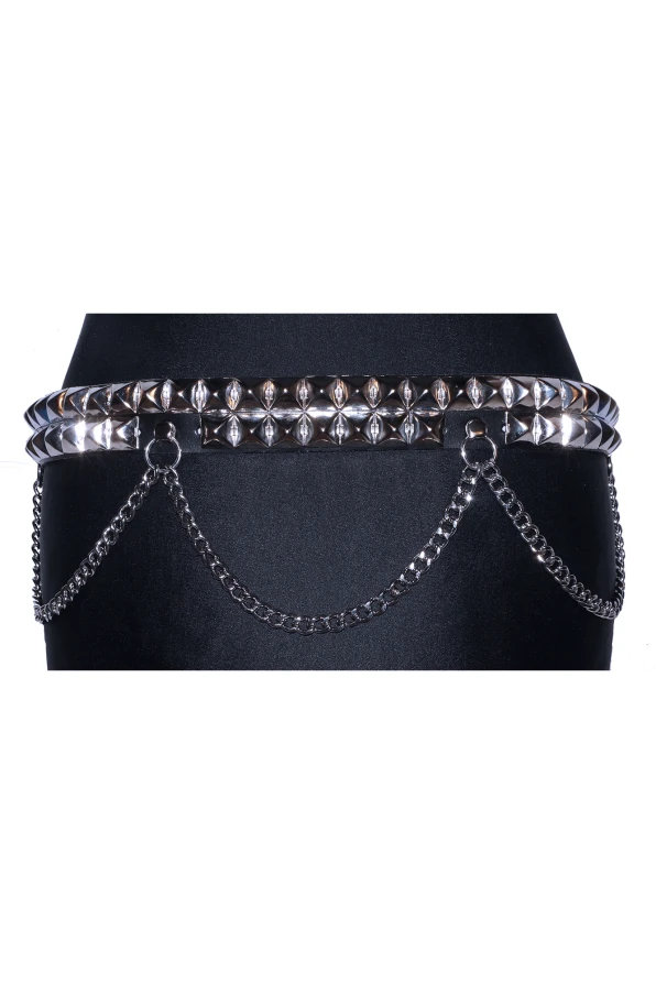 Studded Belt Pyramid Rivets with Chains 2-row